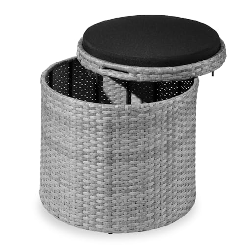 Best Choice Products Round Wicker Ottoman, Multipurpose Outdoor Furniture for Patio, Backyard, Additional Seating, Footrest, Side Table w/Storage, Removable Cushions – Gray/Black - color: Gray/Black