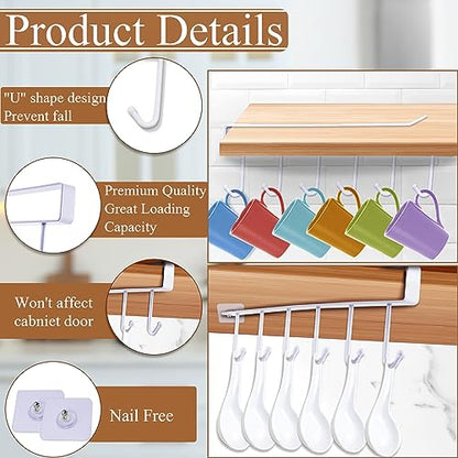 6Pcs Mug Hooks Under Cabinet,Adhesive Coffee Cups Holder Hanger no Drilling,Mug Hanger Under Shelf,Under Cabinet Mug Holder with 6 Mug Hooks for Kitchen Cabinet Shelf (White) | Adhesive Coffee Cups Holder Hanger, No Drilling, Mug Hanger Under Shelf with 6