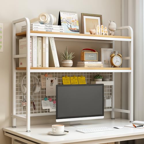 IOTXY 2-Tier Desktop Hutch Bookshelf, Metal Desk Shelf, White, 45.3" W | Steel Frame, 2 MDF Shelves, Grid Panel with 5 Hooks, Fits Over Monitors Up to 27" for Dorm Desks and Home Offices - color: White, size: 45.3"W