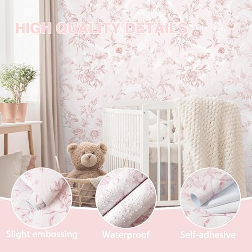 Peel and Stick Wallpaper Pink Floral Contact Paper Pink Vintage French Renter Friendly Wallpaper 17.3''x394'' Textured Stick on Wall Paper for Bathroom Bedroom Cabinets Removable Vinyl Roll - color: Pink Flower, size: 17.3" x 394"