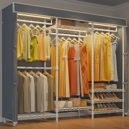 VIPEK V5LC Garment Rack Heavy Duty Covered with Dimmable LED Lights, 3000K Warm White, Portable Closet Wardrobe Freestanding for Hanging Clothes, with Grey Cover - color: White Rack With Grey Cover, style: V5LC