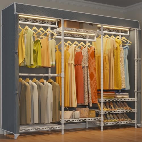 VIPEK V5LC Garment Rack Heavy Duty Covered with Dimmable LED Lights, 3000K Warm White, Portable Closet Wardrobe Freestanding for Hanging Clothes, with Grey Cover - color: White Rack With Grey Cover, style: V5LC
