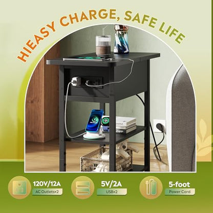 WLIVE 3-Tier End Table with Charging Station Flip Top Narrow Nightstand | 2 USB Ports+2 AC Outlets; Flip Top Hidden Storage; 2 Open Shelves; Small Space Living Room Bedroom; Sturdy Carbon Steel Frame - color: Black