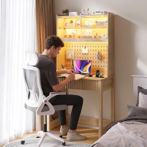 Lvifur Compact Writing Desk with LED Reading Lights (Natural86023) - color: Natural86023