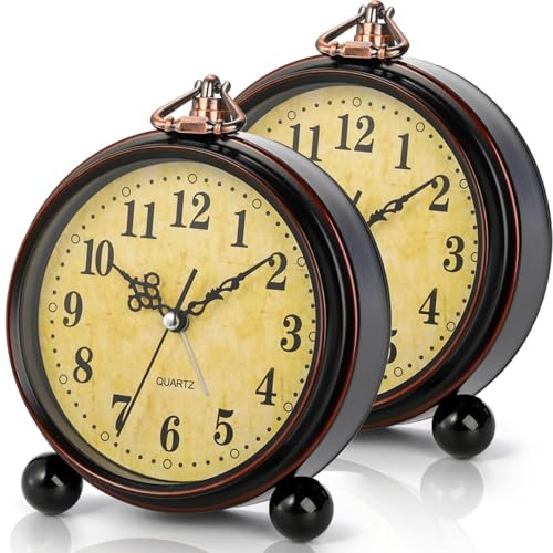 Pumtus 2 Pack Vintage Alarm Clocks, 5.2'' Silent Metal Analog Alarm Clock | Battery Operated Retro Table Clock, Decorative Non-Ticking Desk Clock Gift for Bedroom, Living Room, Office, Kitchen - size: 5.2 Inch