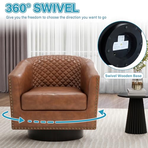 Faux Leather Swivel Accent Chair, Modern Barrel Club Armchair, Brown | Comfy Living Room Chair, Modern Nailhead Trim Round Armchair Bedroom Reading Seat with Removable Cushion, Wood Frame - color: Retro Brown