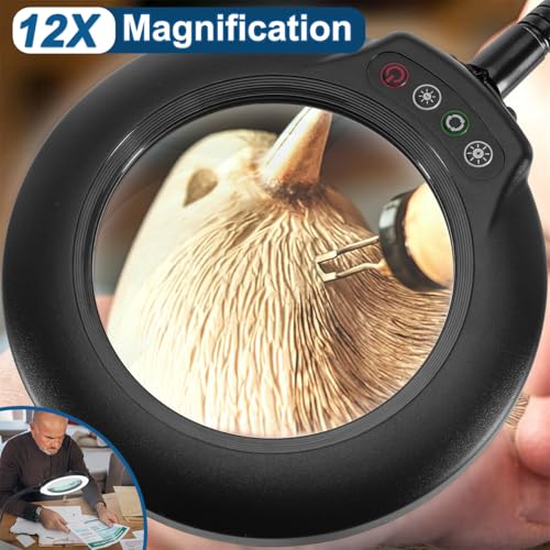 IVMAIE 12X Magnifying Glass with Light, Real Glass Lens, 5 Color Mode | Flexible Gooseneck Magnifier with Stand, LED Lighted Dimmable Desk Lamp Hands Free for Crafts Painting Reading Close Work - color: Black