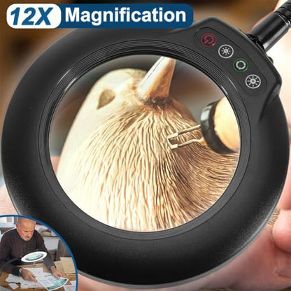 IVMAIE 12X Magnifying Glass with Light, Real Glass Lens, 5 Color Mode | Flexible Gooseneck Magnifier with Stand, LED Lighted Dimmable Desk Lamp Hands Free for Crafts Painting Reading Close Work - color: Black