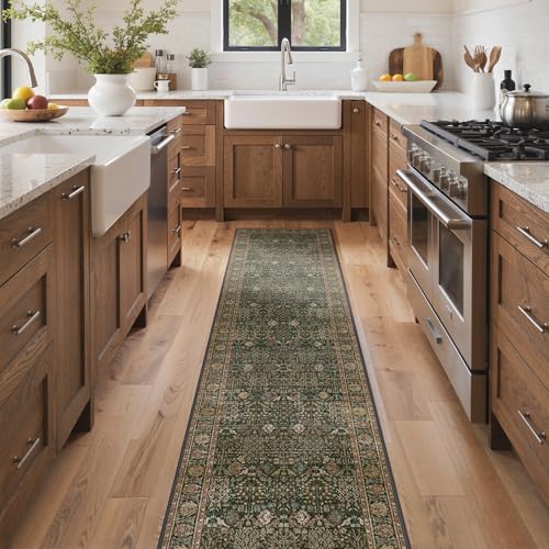 2x10 Kitchen Runner Rug, Washable Non Slip, Dark Green Brown | Vintage Floral Design, Spill Resistant Lightweight Low Pile Carpet for Hallway, Bedroom, Laundry Room, Bathroom - color: Dark Green Brown, size: 2' x 10' (Rectangular)