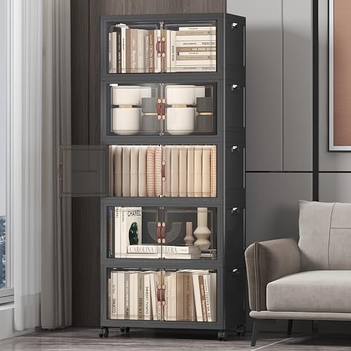260QT Stackable Storage Bins with Lids,Doors & Wheels | Closet Organizers and Storage Cabinet, Lockable Plastic Foldable Drawers for Bedroom Dorm Office Garage（52QT*5,Black） - color: Black, size: 19.7"L