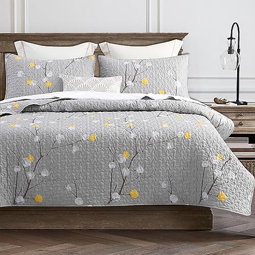 DURLENGEN Quilt Set Queen Size 3Pcs,Grey Branch with Yellow Turquoise Polka Dot Pattern,Soft Microfiber Lightweight Bedspread for All Season Layering(Queen 90x96,Botanical Grey) - color: Botanical Grey, size: Queen(90" x 96")