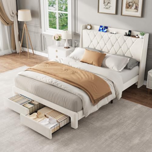 Garvee Full Size Bed Frame with Storage, Velvet Upholstered Platform Bed Frame with Crystal Tufted Headboard, Charging Station, 2 Drawers, No Box Spring Needed, Noise-Free,for Bedroom, Ivory | Velvet Upholstered Platform Bed Frame with Crystal Tufted Head