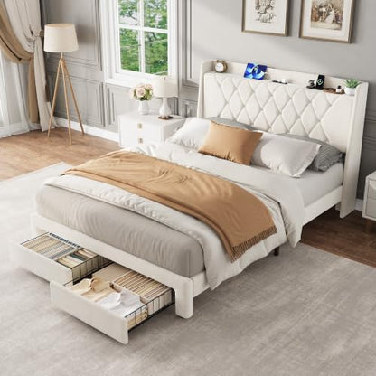 Garvee Full Size Bed Frame with Storage, Velvet Upholstered Platform Bed Frame with Crystal Tufted Headboard, Charging Station, 2 Drawers, No Box Spring Needed, Noise-Free,for Bedroom, Ivory | Velvet Upholstered Platform Bed Frame with Crystal Tufted Head