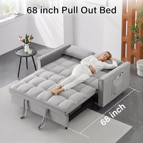 3 in 1 Convertible Sleeper Sofa Bed, Velvet Loveseat Futon Pull-Out Couch with Adjustable Reclining Backrest, Side Pockets and Pillows for Living Room, Bedroom, Apartment, Small Spaces (Gray-Velvet) - color: Gray-velvet