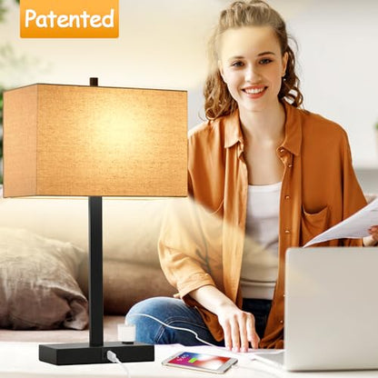 21" Touch Bedside lamps with 2 USB & AC Outlets, 3-Way Dimmable Bedside Table Lamps Set of 2 for Bedroom Living Room Office Reading, Beige Linen Shade Lamps for Night Stands, 2700K LED Bulbs Included - color: (2 Pack)-Beige Linen & Matte Black(Base)-2700K