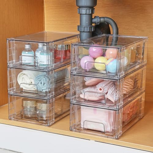 Vtopmart 2 Pack Stackable Clear Drawer with Dividers | Clear Drawer Organizers with Removable Dividers for Flexible storage. Stackable, Non-slip, for Fridge, Under Sink & Bthroom - size: 2Pack 4.4"H-with Dividers