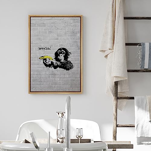 wall26 Framed Canvas Print Wall Art Banksy British Artist Spray Paint Monkey Banana Gun Graffiti & Street Art Urban Illustrations Modern Art Scenic for Living Room, Bedroom, Office - 16"x24" Natural - color: A12-2204-eva25, size: 24"L x 16"W