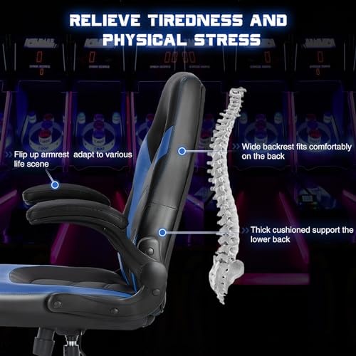 Sweetcrispy Computer Desk Chair, Lumbar Support Video Game Chair PU Leather | PU Leather Flip-up Armrest, Height Adjustable, 360 Swivel for Adults, Black Blue - color: Black Blue