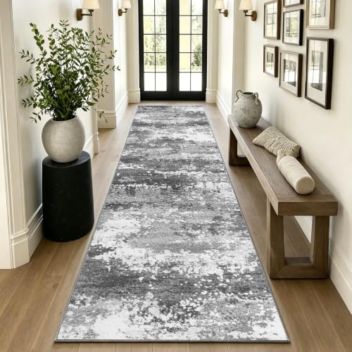 Washable 14 FT Extra Long Runner Rug for Hallway | 2.6x14 Large Kitchen Floor Runners Non Slip, Entryway Runner Carpet Low Pile Stain & Fade Resistant, Abstract Gray - color: Grey, size: 2'8" X 14' (Runner)