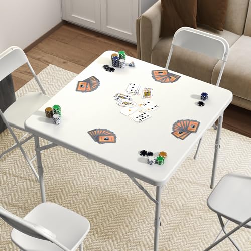 34" Square Folding Table, Plastic Card Table with Carrying Handle, Fold-in-Half Utility Portable Dining Tables Indoor Outdoor for Kitchen, Party, Picnic, Camping, Office, Wedding, White