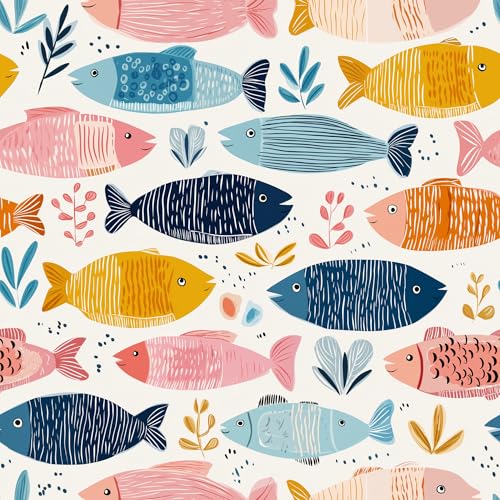 Stickorama Pastel Color Whimsical Fish Peel and Stick Wallpaper Self Adhesive Removable Waterproof 17.72" x 118.1'' Seagrass Floral Mural Renter Friendly for Bedroom Living Room Study - color: WZ-HU0046-3, size: 17.7" x 118.1"