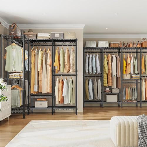 Raybee Heavy Duty Clothes Rack, 1150lbs Capacity, Adjustable | 76" W Freestanding, Steel Structure, 4 Rods & 6 Shelves, Tool-Free Assembly, Sturdy for Closet, Bedroom, Black - color: Black, style: Heavy Duty Clothes Rack