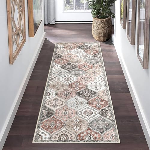 ROYHOME Runner Rug Washable Moroccan Hallway Runner Entryway Rug, 2' x 6' | Stain Resistant Non-Slip Vintage Distressed Trellis Bedroom Rug Runner Entrance Carpet for Laundry Kitchen, Pink/Grey - color: Pink/Grey, size: 2' x 6'