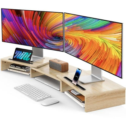 AMERIERGO Dual Monitor Stand Riser- 3 Shelf Screen Stand with Adjustable Length and Angle, 2 Extra Functional Slot Desktop Organizer Stand for PC, Computer, Laptop (Light Wood) - color: Light Wood