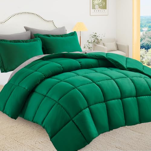 Queen Size Comforter Set, Reversible 3 Pieces Lightweight Soft Bedding Set for All Season, Premium Bed in a Bag Includes 1 Comforter (90"x90") and 2 Pillowcase (20"x26") - color: Green-3pcs Comforter Set, size: Queen