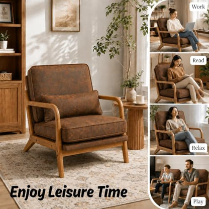 Karl home Mid-Century Modern Accent Reading Chair, Brown | Bronzing Upholstered, Solid Wood Frame, Soft Cushion, Lumbar Pillow, Lounge Armchair for Living Room, Bedroom, Balcony, Study - color: Bronzing Brown