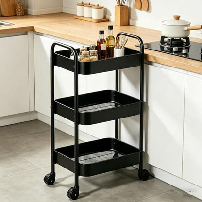 Multifunctional Rolling Utility Cart, 3-Tier Wheeled Storage Organizer with Brakes, Portable Shelving Unit for Home & Office Black