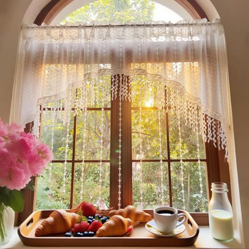White Arched Sheer Valance Boho Pompom Short Curtain Tier Crystal Beads 1PC | For Doorways Tassels Swag Curtain Room Divider Dining Room Glass Door Rod Pocket (W59 X L43 INCH,White) - size: 59"W x 43"L (Pack of 1)