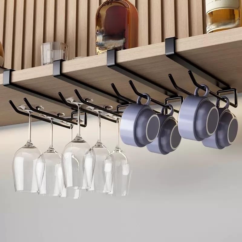 Wine Glass Holder Under Cabinet 2PCS, Stemware Rack Hanger Under Cabinet Wine Glass Rack Kitchen Hanging Storage Rack Organizer, Black