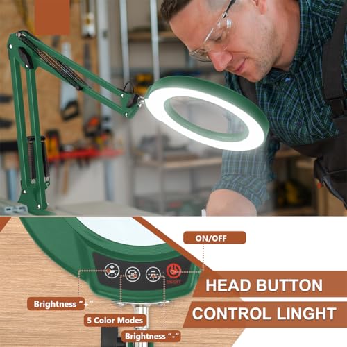 LANCOSC 15X Magnifying Glass with Light and Stand, 3-in-1 Adjustable Swing Floor Lamp, 5 Color Modes Stepless Dimmable, LED Lighted Hands Free Magnifier & Clamp for Reading, Crafts, Painting - Green - color: Green