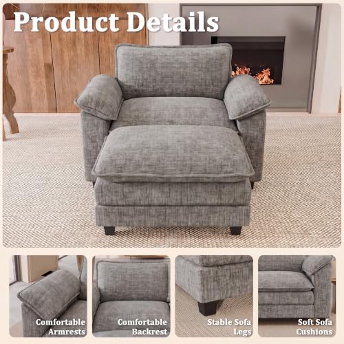 JUMMICO 40" Chaise Lounge Chair with Ottoman, Single Sofa Chair, Light Grey | Comfy Chenille, Double Layer Cushion, Wide Armrest, Deep Seat, High-Density Foam, Reading Chair for Living Room - color: Light Grey, size: Single Sofa Chair