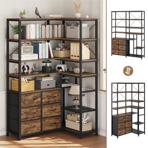Corner Bookshelf, 7-Tier Bookcases Tall Convertible Book Shelf, Brown | Industrial Corner Bookshelves with 6 Fabric Drawers, for Living Room, Kitchen, Home Office - color: Rustic Brown & Black