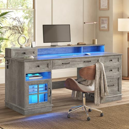HAUOMS Farmhouse Executive Desk Computer Desk with Drawers，Grey | Executive Office Desk with File Drawers, Power Outlet, Led Lights, Storage Cabinet and Monitor Shelf for Home Office - color: Grey