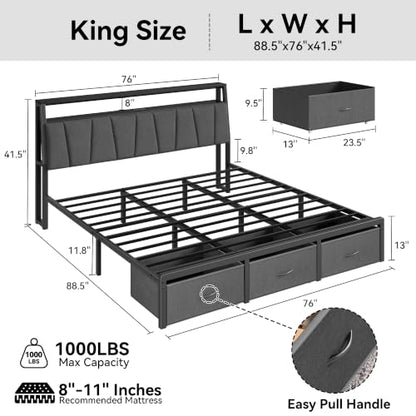 FreeHouse King Size Bed Frame with Storage Headboard & 3 Drawers, Grey | Upholstered King Bed Frame with Charging Station & LED Lights,Fabric Drawers, Metal Slats, No Box Spring Needed Noise-Free - color: Grey, size: King