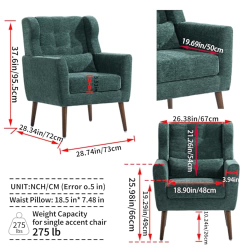 Accent Chair, Living Room Chairs with Solid Wood Legs & Pillow | Chairs Living Room with High Tufted Backrest, Reading Chair for Bedroom/Office, Chenille Fabric - color: Blackish Green