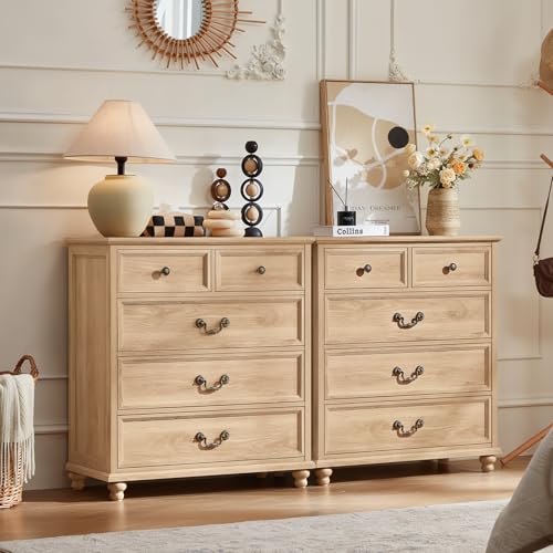 Joaxswe Farmhouse 5 Drawer Dresser Set of 2 for Bedroom, 35" Tall Rustic Chests of Drawers w/ 4 Solid Wood Feet, Mid Century Vintage Wooden Closet Storage Dressers Organizer for Living Room,Natural - color: Natural, size: 15.7"D x 31.5"W x 35.2"H (5 Drawe