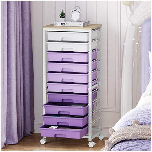 Sykiariol 10 Drawer Rolling Cart,Purple | Rolling Cart for Craft Storage,Storage Cart with Lockable Wheels and Wooden Tabletop for Classroom,Office,Living Room - color: purple