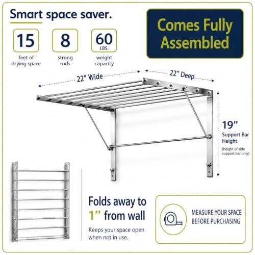 Wall Mounted Clothes Drying Rack | 22" Wide | 60lb Capacity - size: 22 inches