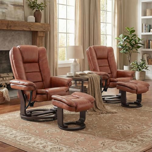 Swivel Recliner Chair with Ottoman Reclining Lounge Sofa Footrest, Set of 2 | 360°Sturdy Wood Base, Soft Faux Leather, Upholstered Ultra-Plush Foam, Modern Armchair, Living Room Bedroom Office Reading - color: Brown, size: Set of 2
