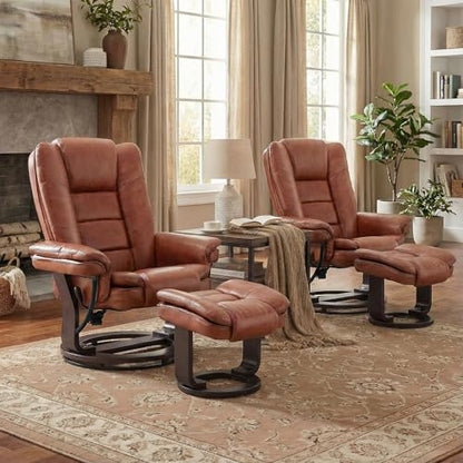 Swivel Recliner Chair with Ottoman Reclining Lounge Sofa Footrest, Set of 2 | 360°Sturdy Wood Base, Soft Faux Leather, Upholstered Ultra-Plush Foam, Modern Armchair, Living Room Bedroom Office Reading - color: Brown, size: Set of 2