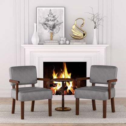 Accent Chairs Set of 2, 2 Solid Wood Armchairs with Side Table | Faux Leather Chair with Soft Thicken Cushion, Comfy Reading Chair for Bedroom, Waiting Room, Home Office, Easy Assembly - color: Faux Leather Gray, size: Set of 2 with table