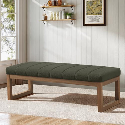 Zihanhome 52.7" Bedroom Bench for End of Bed, Modern Upholstered Teddy Fabric Entryway Bench & Dining Bench, Footrest Stool Bench with Solid Wood Frame for Bedroom, Living Room (Green) - color: Green