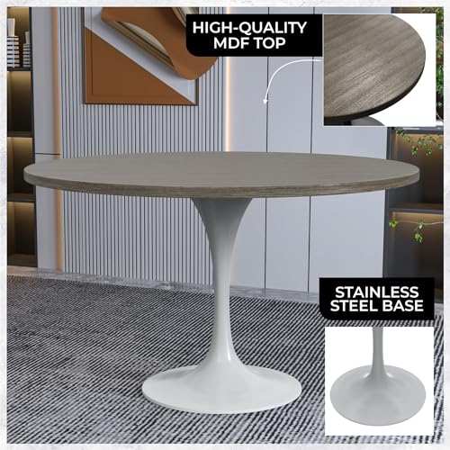LeisureMod Verve Mid-Century Modern Dining Table with a 48" Round MDF Tabletop and White Steel Pedestal Base for Kitchen and Dining Room (Dark Maple) - color: Dark Maple Wood, size: 48 inch Wide