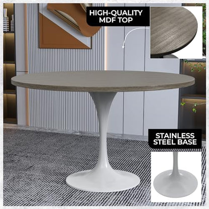 LeisureMod Verve Mid-Century Modern Dining Table with a 48" Round MDF Tabletop and White Steel Pedestal Base for Kitchen and Dining Room (Dark Maple) - color: Dark Maple Wood, size: 48 inch Wide
