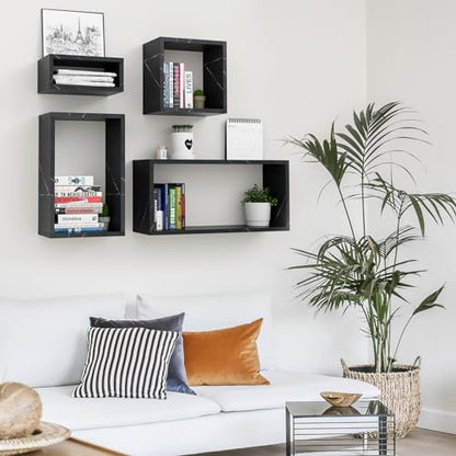 Wall Mount Shelf Set of 4, Floating Cube Shelves for Space Discovery Home and Commercial Use, Large Size Shelves Set, Cloud Atlas/Black Marble - color: Cloud Atlas, size: Set4