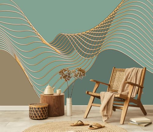 Gold Geometric Line Wallpaper Mural Peel and Stick 157"x108" | Brown and Green Background Abstract Wall Murals for Living Room Bedroom - color: ZZ-020, size: 157" x 108"